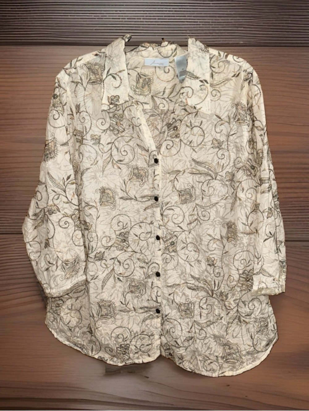 JH Collectibles Cream Floral Button-Down Blouse with Brown Scrolls-3X-EC